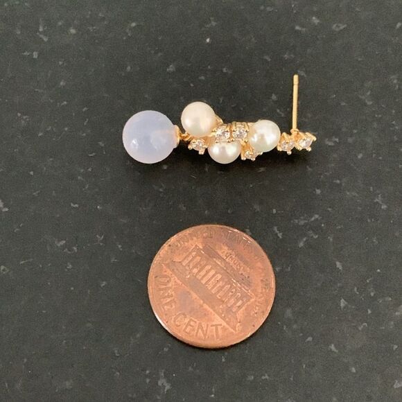 Purple Chalcedony & Real Pearl Drop Earrings with Rhinestones Vintage Style Gift - Picture 5 of 8